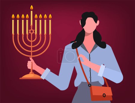Illustration for Portrait of a Jewish woman  Holding Hanukkah menorah in Hands. Vector illustration in flat style. Isolated on burgundy background - Royalty Free Image