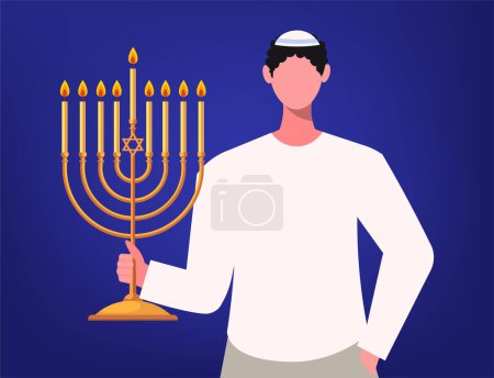 Illustration for Portrait of a Jewish Man Holding Hanukkah menorah in Hands. Jewish male character isolated on blue Background. - Royalty Free Image