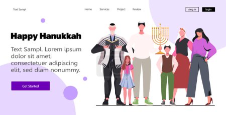 Illustration for Happy Jewish family celebrating the traditional Jewish holiday of  Hanukkah together. Holiday religion, Jewish festival of Lights. Hanukkah for greeting card, poster, banner, template. - Royalty Free Image