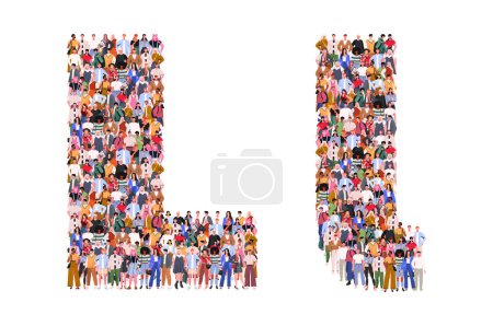 Ilustración de Large group of people in letter L form. People standing together. A crowd of male and female characters. Flat vector illustration isolated on white background. - Imagen libre de derechos