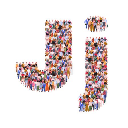 Ilustración de Large group of people in letter J form. People standing together. A crowd of male and female characters. Flat vector illustration isolated on white background. - Imagen libre de derechos