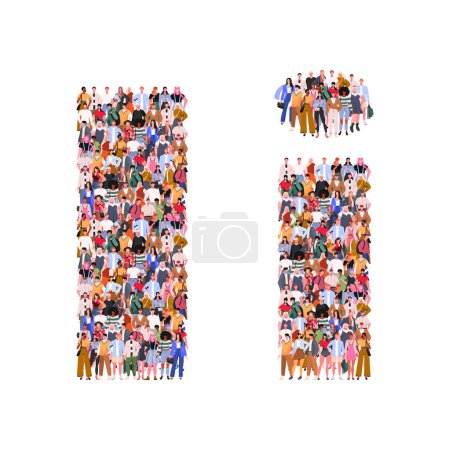 Téléchargez les illustrations : Large group of people in letter I form. People standing together. A crowd of male and female characters. Flat vector illustration isolated on white background. - en licence libre de droit