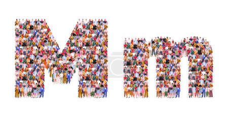 Illustration for Large group of people in letter M form. People standing together. A crowd of male and female characters. Flat vector illustration isolated on white background. - Royalty Free Image
