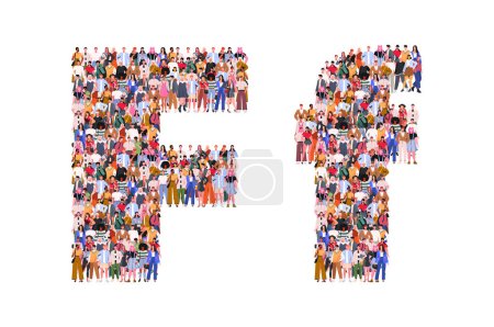 Ilustración de Gran grupo de personas en forma de letra F. Letra o alfabeto F. Personas de pie juntas. Una multitud de personajes masculinos y femeninos. Ilustración vectorial plana aislada sobre fondo blanco. - Imagen libre de derechos
