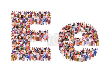 Téléchargez les illustrations : Large group of people in letter E form. People font. People standing together. A crowd of male and female characters. Flat vector illustration isolated on white background. - en licence libre de droit