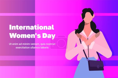 Illustration for Break The Bias campaign. Young modern woman with cross arms. Woman movement against discrimination, inequality, stereotypes. International women's day. Flat vector illustration on purple pink background. - Royalty Free Image