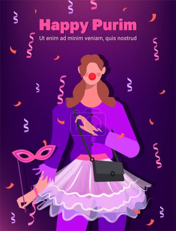 Illustration for Young modern woman in a pink carnival costume holds a carnival mask in her hand celebrating Purim. Flat vector illustration on purple background. - Royalty Free Image