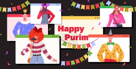 Illustration for Purim holiday party. People in carnival costume having video call or video conference to celebrate online holiday and Purim party. Happy friends on video chat. Flat vector illustration on black background. - Royalty Free Image