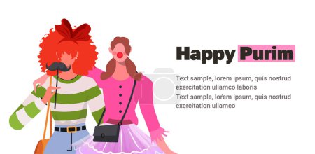 Téléchargez les illustrations : Two young women celebrate Purim Day in festive carnival costumes and funny masquerade masks. Modern vector illustration concepts for website and mobile website development. - en licence libre de droit
