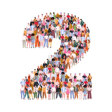 Téléchargez les illustrations : Large group of people in number 2 two form. Numbers made of people. A crowd of male and female characters. Flat vector illustration isolated on white background. - en licence libre de droit