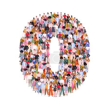 Illustration for Large group of people in number 0 zero form. Numbers made of people. A crowd of male and female characters. Flat vector illustration isolated on white background. - Royalty Free Image