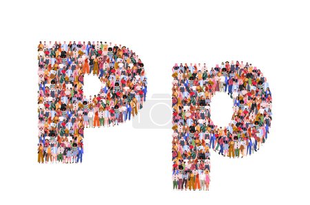 Ilustración de Large group of people in letter P form. People standing together. A crowd of male and female characters. Flat vector illustration isolated on white background. - Imagen libre de derechos