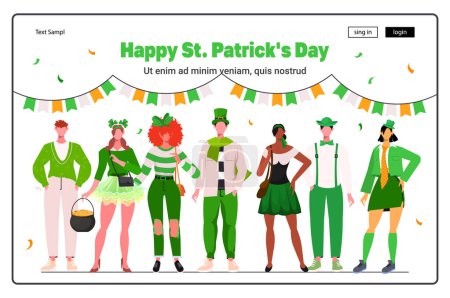 Ilustración de Young company are celebrating in festive green costumes celebrating St. Patrick's Day. Use for modern website design, web page, social networks, landing page. - Imagen libre de derechos
