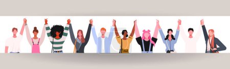 Illustration for A diverse group of modern men and women stand together, holding hands. They convey the concept of teamwork, unity, friendship, and support. The power of unity and togetherness is essential in the struggle for freedom, independence, and equality. - Royalty Free Image