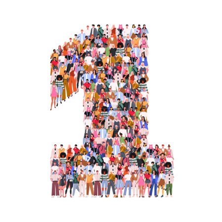 Illustration for Large group of people in number 1 one form. Numbers made of people. A crowd of male and female characters. Flat vector illustration isolated on white background. - Royalty Free Image
