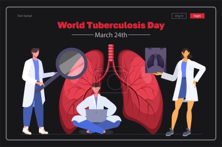 Ilustración de Día Mundial de la Tuberculosis 24 de marzo. Los médicos están examinando los pulmones humanos y la inspección del sistema respiratorio. Moderno concepto de ilustración vectorial para el desarrollo de sitios web, redes sociales, web plantilla, banner. Ilustración vectorial plana. - Imagen libre de derechos