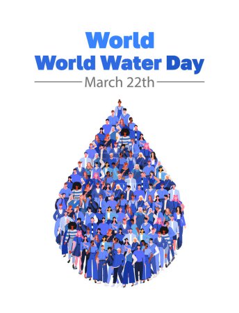 Illustration for World Water Day 22 march. Large group of people in form water drop. Save water - ecology concept. Flat vector illustration isolated on white background. - Royalty Free Image