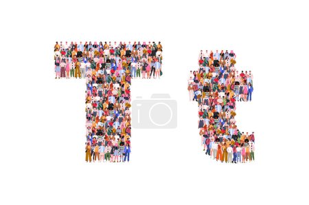 Illustration for Large group of people in letter T form. People standing together. A crowd of male and female characters. Flat vector illustration isolated on white background. - Royalty Free Image
