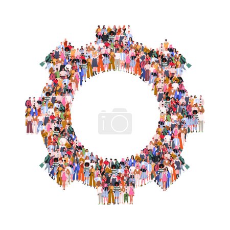 Illustration for Large group of people in the form of gear wheel. Time management and productivity concept. People standing together. A crowd of male and female characters. Flat vector illustration isolated on white background. - Royalty Free Image