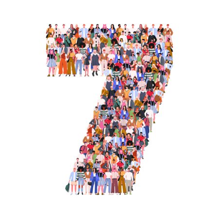Illustration for Large group of people in number 7 seven form. Numbers made of people. A crowd of male and female characters. Flat vector illustration isolated on white background. - Royalty Free Image