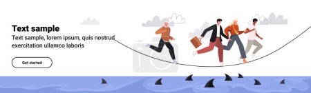 Illustration for Risk Management. Business team running on rope over water with floating sharks. Concept business risk, search for opportunities and solving problems together. Modern concept for website development, social media, template web, banner. - Royalty Free Image