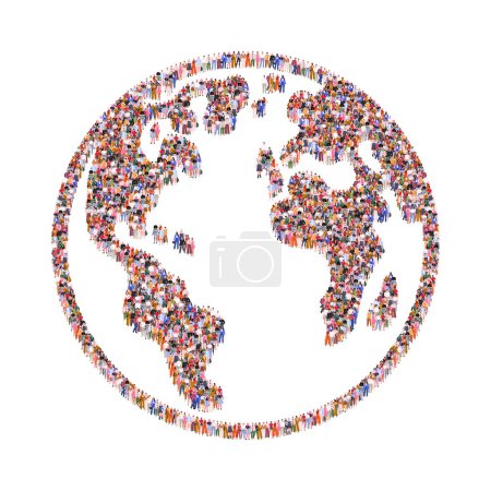 Illustration for Large group of people in form of Earth planet. Planet Earth day or Environment day concept. People standing together. A crowd of male and female characters. Flat vector illustration isolated on white background. - Royalty Free Image