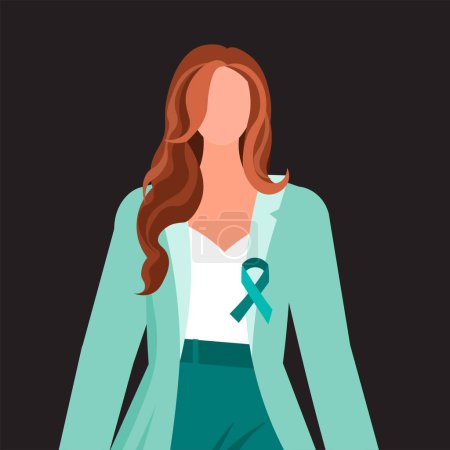 Ilustración de Mujer de negocios con cinta de color verde azulado en el pecho. Concepto de apoyo y solidaridad con las mujeres que luchan contra las enfermedades oncológicas. Ilustración vectorial plana aislada sobre fondo negro. - Imagen libre de derechos