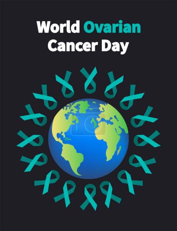 Illustration for World Ovarian Cancer Day prevention and awareness. Emerald ribbons around planet earth. Suitability for Template banner, poster, background. Flat vector illustration - Royalty Free Image