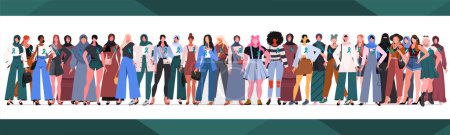 Illustration for Ovarian Cancer Awareness Month. Women of different ethnicities stand side by side together with teal color ribbon on chest. Healthcare and medicine concept. Colorful vector illustration. - Royalty Free Image