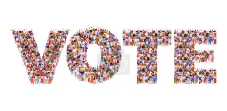 Illustration for Large group of people forming Vote word. Election Campaign. Concept of Election Day, Making Choice, Balloting Paper, Democracy. People standing together. A crowd of male and female characters. Flat vector illustration isolated on white background. - Royalty Free Image