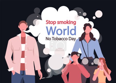 Illustration for Little children with mom suffer from father's smoking. Kids passive smokers, harm for health. World No Tobacco Day. Bad habits and effect. Flat vector illustration isolated on black background. - Royalty Free Image