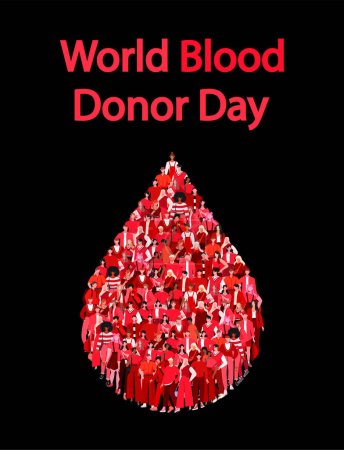 Large group of people in form blood drop. People standing together. Every year on 14 June, countries around the world celebrate Blood Donor Day. Flat vector illustration isolated on black background.
