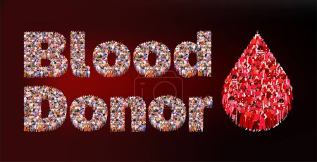 Téléchargez les illustrations : Journée mondiale des donneurs de sang 14 juin. Grand groupe de personnes formant le mot donneur de sang. Groupe de personnes sous forme de goutte de sang. Donnez du sang sauver la vie. Concept de don de sang. - en licence libre de droit