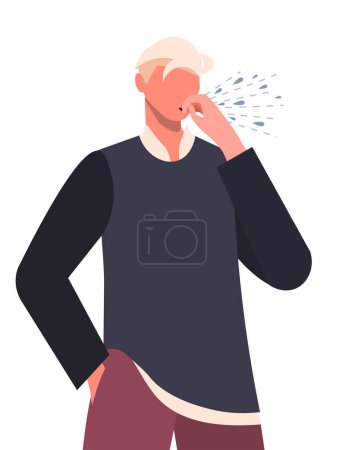 Illustration for Young man in casual clothes feeling unwell and coughing as symptom for cold, asthma, allergy or bronchitis. Man with respiratory disease symptom. Medicine and Healthcare concept. Flat vector illustration isolated on white background. - Royalty Free Image