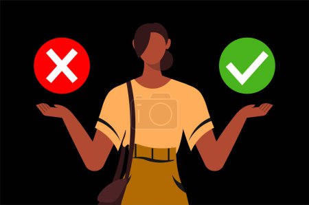 Illustration for Business woman choose among yes or no answer. Decision making process, doubts, worries, dilemma. Yes and No concept. Flat vector illustration isolated on black background. - Royalty Free Image
