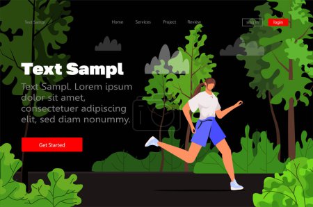 Illustration for Young sports woman activity jogging exercising in summer park, outdoor physical activity. Sports activity and healthy lifestyle concept. Modern concept for website development, social media, template web, banner and web internet ads. - Royalty Free Image