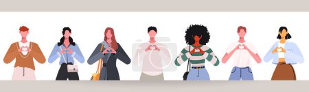 Illustration for Group of young, modern people standing together and forming a heart shape with their hands. This represents team cooperation, partnership, and community. Concept of support, trust, friendship, and love relationships. - Royalty Free Image