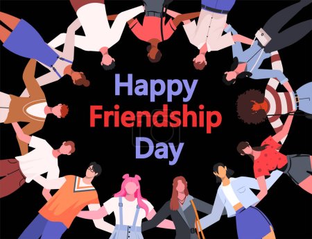Illustration for Celebrating International friendship day concept. Diverse people group in circle, hugging together. United community, people group hugging together. Flat vector illustration isolated on black background. - Royalty Free Image