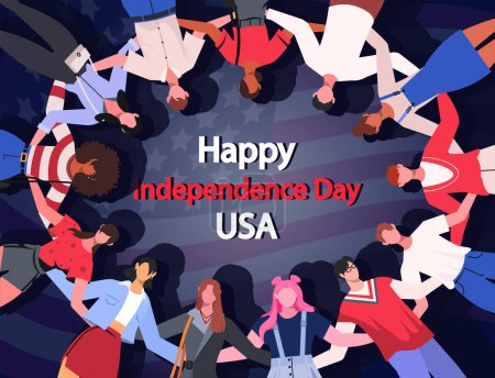 Téléchargez les illustrations : Carte de fête de l'indépendance heureuse avec diverses personnes debout ensemble dans un cercle embrassant montrant l'unité et le soutien sur fond drapeau des États-Unis. 4 juillet. - en licence libre de droit