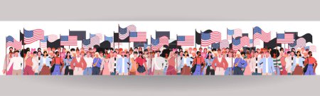 Ilustración de La gente celebra el Día de la Independencia Americana el 4 de julio. Unidad de diversidad de personas. Grupo multiétnico de personas. Sociedad, retrato comunitario multicultural y ciudadanos. Adecuado para el desarrollo de sitios web, web plantilla, banner. - Imagen libre de derechos