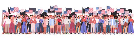 Téléchargez les illustrations : Joyeux Jour de l'Indépendance. Des gens de différentes ethnies se tiennent côte à côte tenant ensemble les drapeaux nationaux américains. Défilé avec drapeaux. L'Amérique célèbre le 4 juillet. - en licence libre de droit