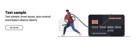 Illustration for Young man wrapped in a chain pulls a credit card behind him. Debt burden concept. Financial illiteracy and debt, bankruptcy and mortgage. Banner for website. Flat vector illustration isolated on white background. - Royalty Free Image