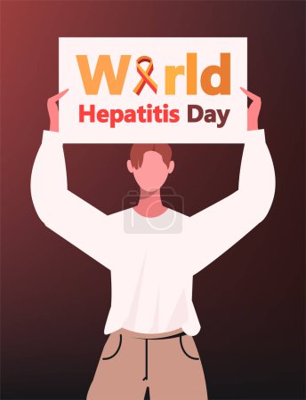 Illustration for A young man holds a banner in her hands with the inscription "World Hepatitis Day". Liver cancer awareness month. Health Care concept. Flat vector illustration isolated on brown background. - Royalty Free Image