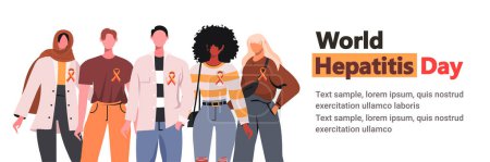 Illustration for Multiethnic men and women stand together with yellow and red ribbon. World Hepatitis Day. Healthcare and World cancer day concept. Place for your text. Vector banner for social media, card, poster. - Royalty Free Image