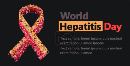 Illustration for World Hepatitis Day, 28 July. Liver cancer. Large group of people form to a yellow and red ribbon. Medical illustration for website and mobile website development, apps is presented. Website template design. - Royalty Free Image