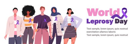 Illustration for World Leprosy Day. Different people standing side by side with a purple ribbon, a symbol of solidarity with those affected by the disease. Flat vector illustration for web banner, social media, posters, postcards and flyers. - Royalty Free Image