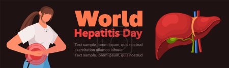 Illustration for Banner design for World Hepatitis Day. Woman suffering from liver pain, holding her side with her hands. Sore point highlighted in red. Liver disease. Medicine, diagnostics and anatomy concept. - Royalty Free Image