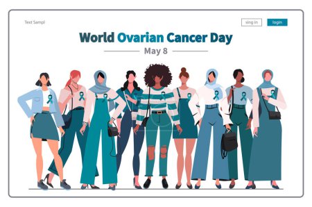 Der Welttag des Eierstockkrebses wird jedes Jahr am 8. Mai weltweit begangen. Eine Gruppe von Frauen mit Krickenketten. Modernes Vektorillustrationskonzept des Webseiten-Designs für die Entwicklung von Webseiten und mobilen Webseiten.  