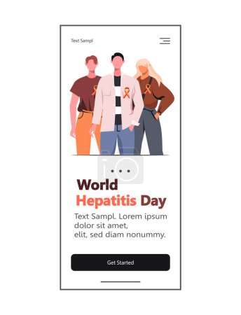 Illustration for World Hepatitis Day is observed each year on 28 July to raise awareness on viral hepatitis. Young people stand side by side together with yellow and red ribbon. Web design and mobile template. - Royalty Free Image