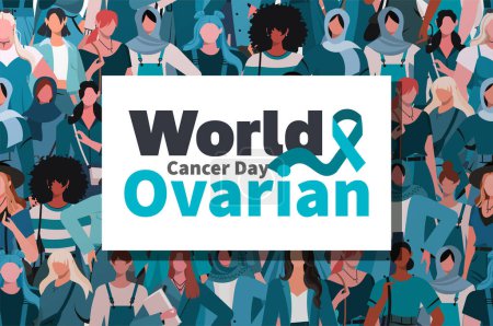Illustration for Crowd diverse modern women with teal color clothes to raise awareness. World Ovarian Cancer Day. The banner is white and square, and it reads World Ovarian Cancer Day. Society or population, social diversity. Seamless pattern. - Royalty Free Image